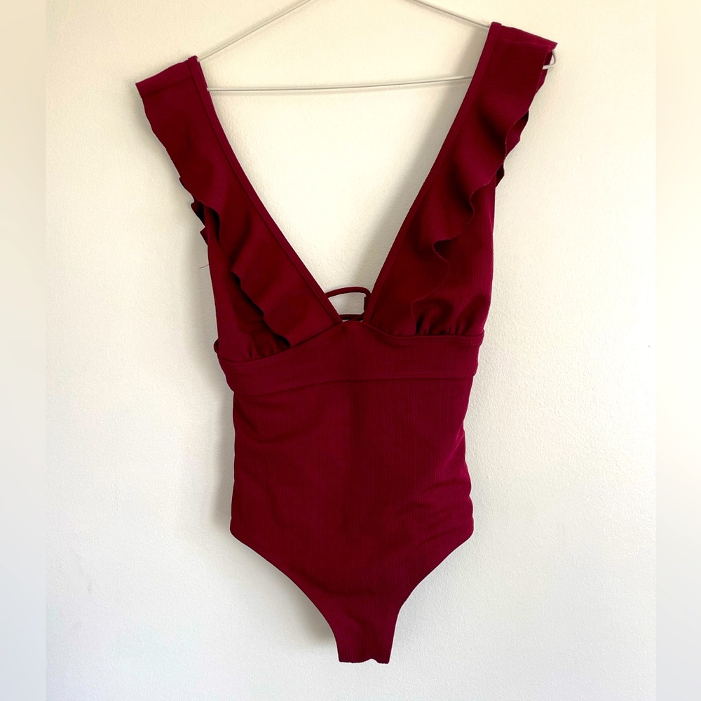 Shein Maroon Ruffle Sleeve V Neck One Piece - Size Medium